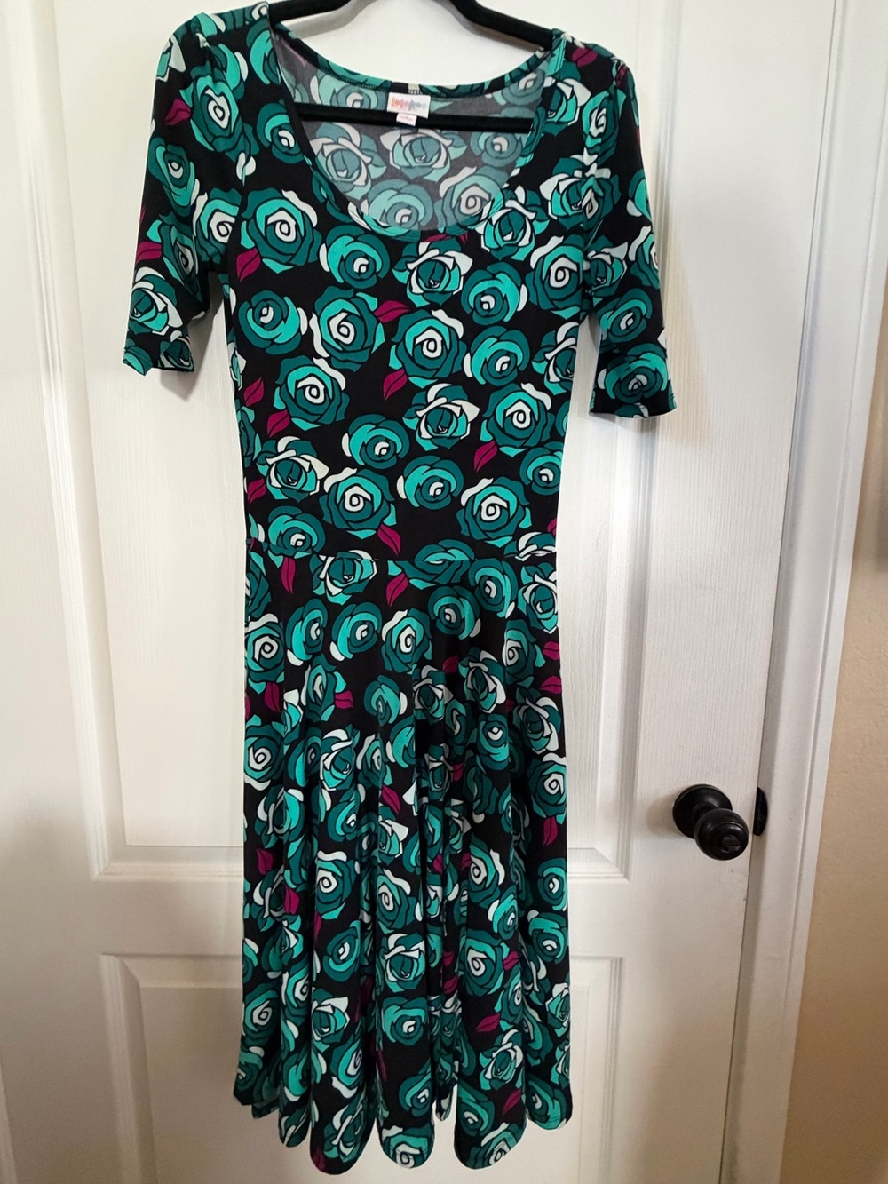 NWOT LuLaRoe Nicole Teal Floral Midi Fit n Flare Dress Size S